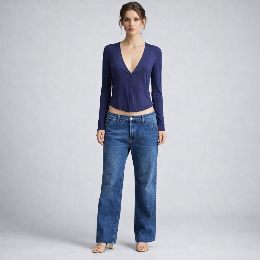 La Perla Navy Blue Long Sleeve Button-Front Top